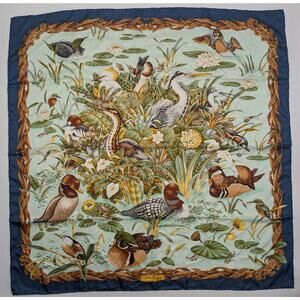 Salvatore Ferragamo 100% Silk Scarf Botanical Marsh Cucks Herons